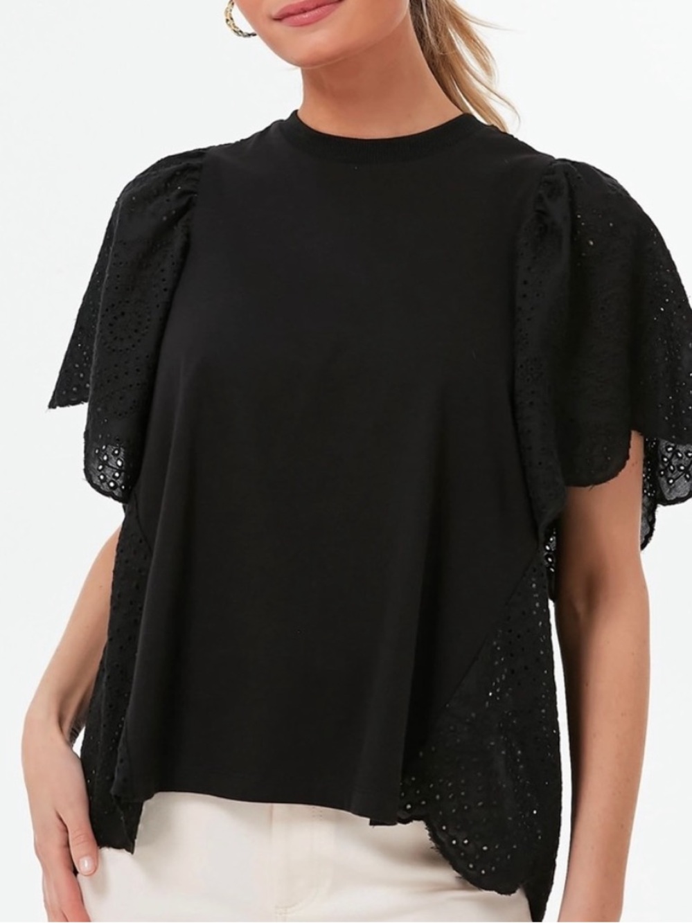 Pomander Place Eyelet Emi Short Sleeve Lace Flutter Top Black Size Large